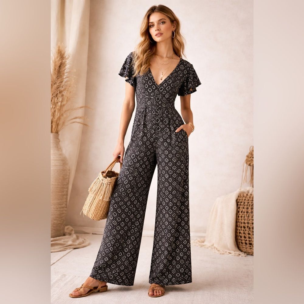 Valija V Neck Short Flutter Sleeve Jumpsuit Brown & Black Patterned Size Medium